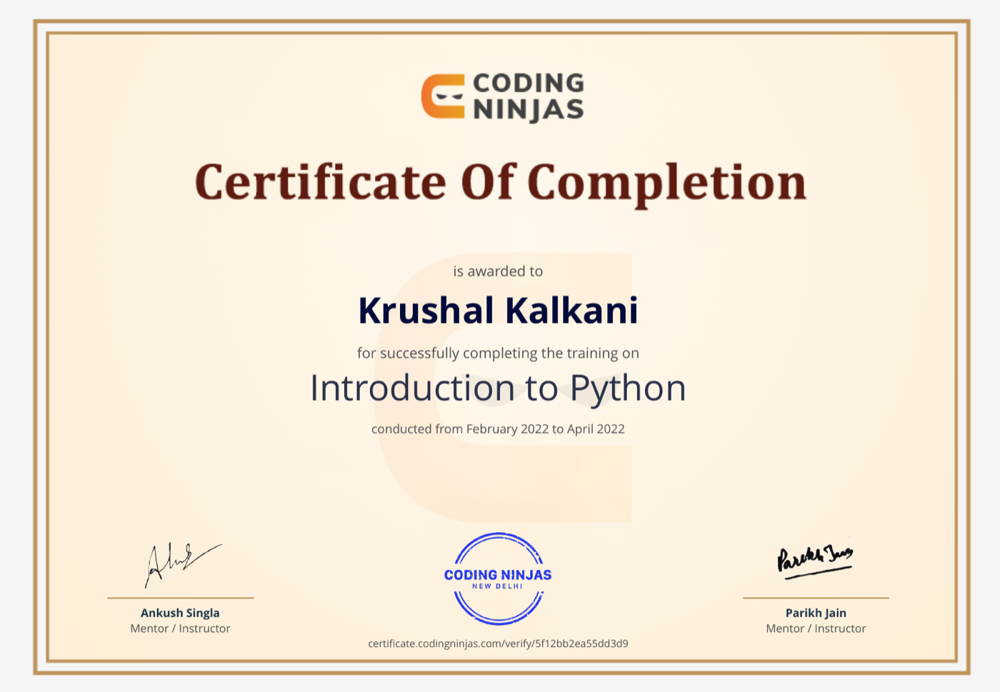 Coding Ninjas certificate of completion, Introduction to Python