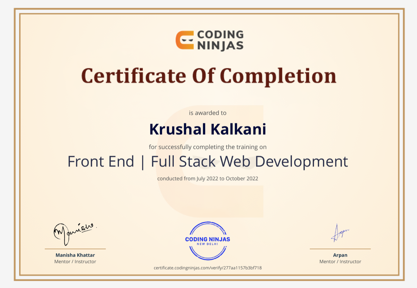 Coding Ninjas certificate of completion, full stack web development