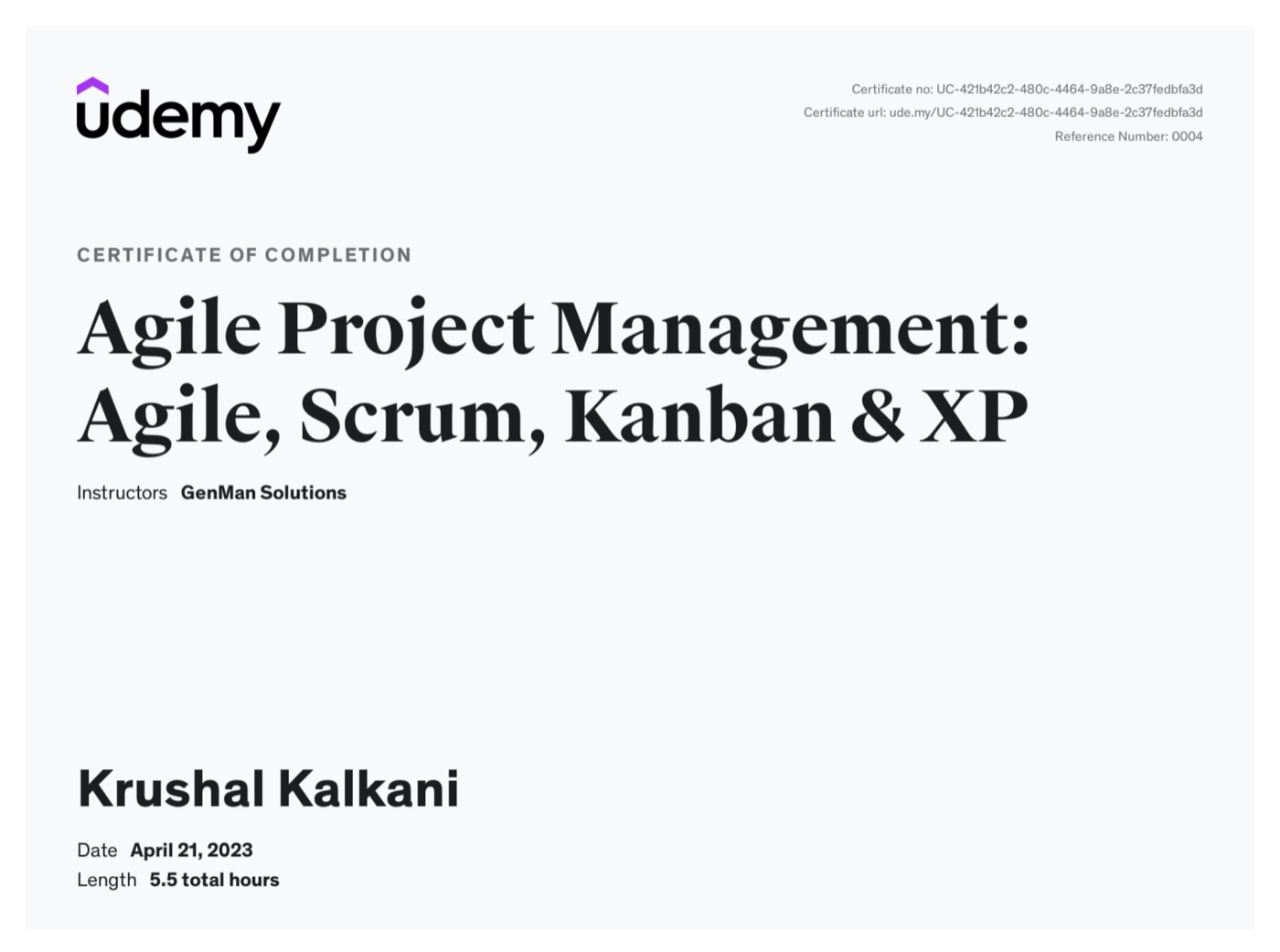 Udemy certificate of completion, Agile Project Management