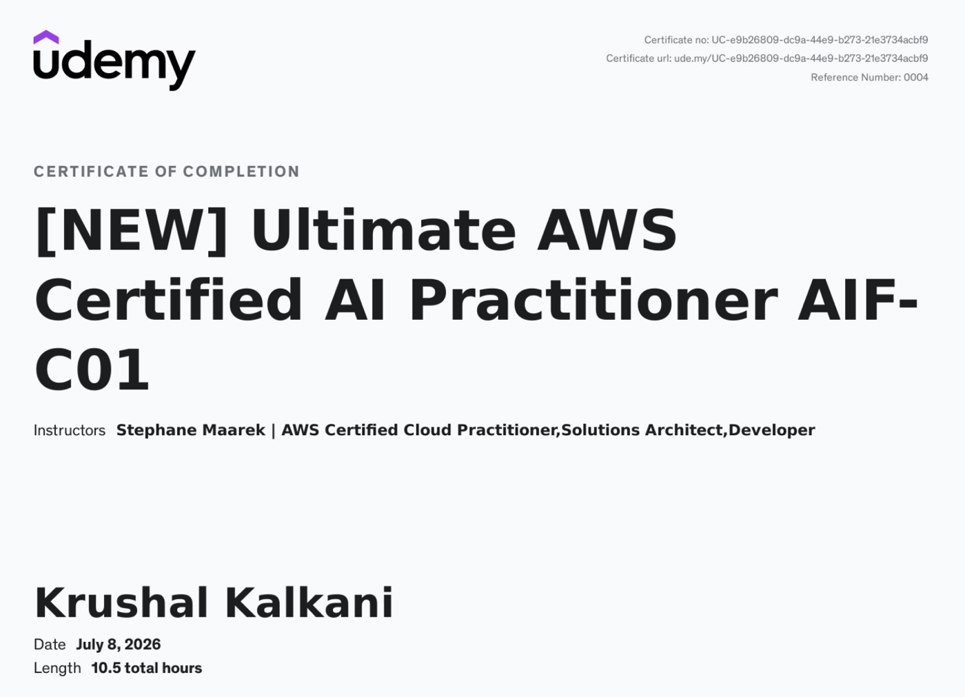 Udemy certificate of completion, Ultimate AWS Certified AI Practitioner AIF-C01