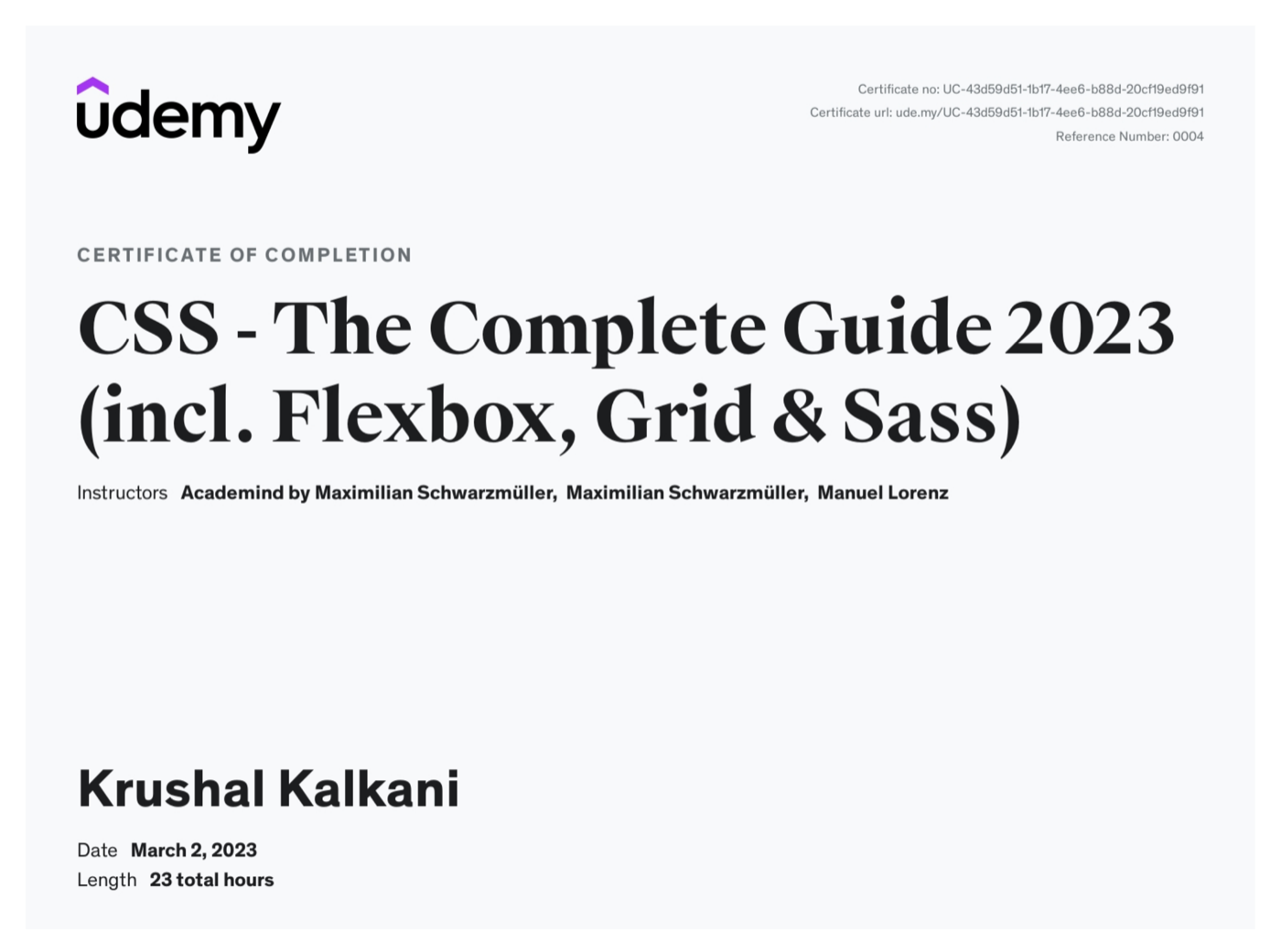 Udemy certificate of completion, CSS - The Complete Guide