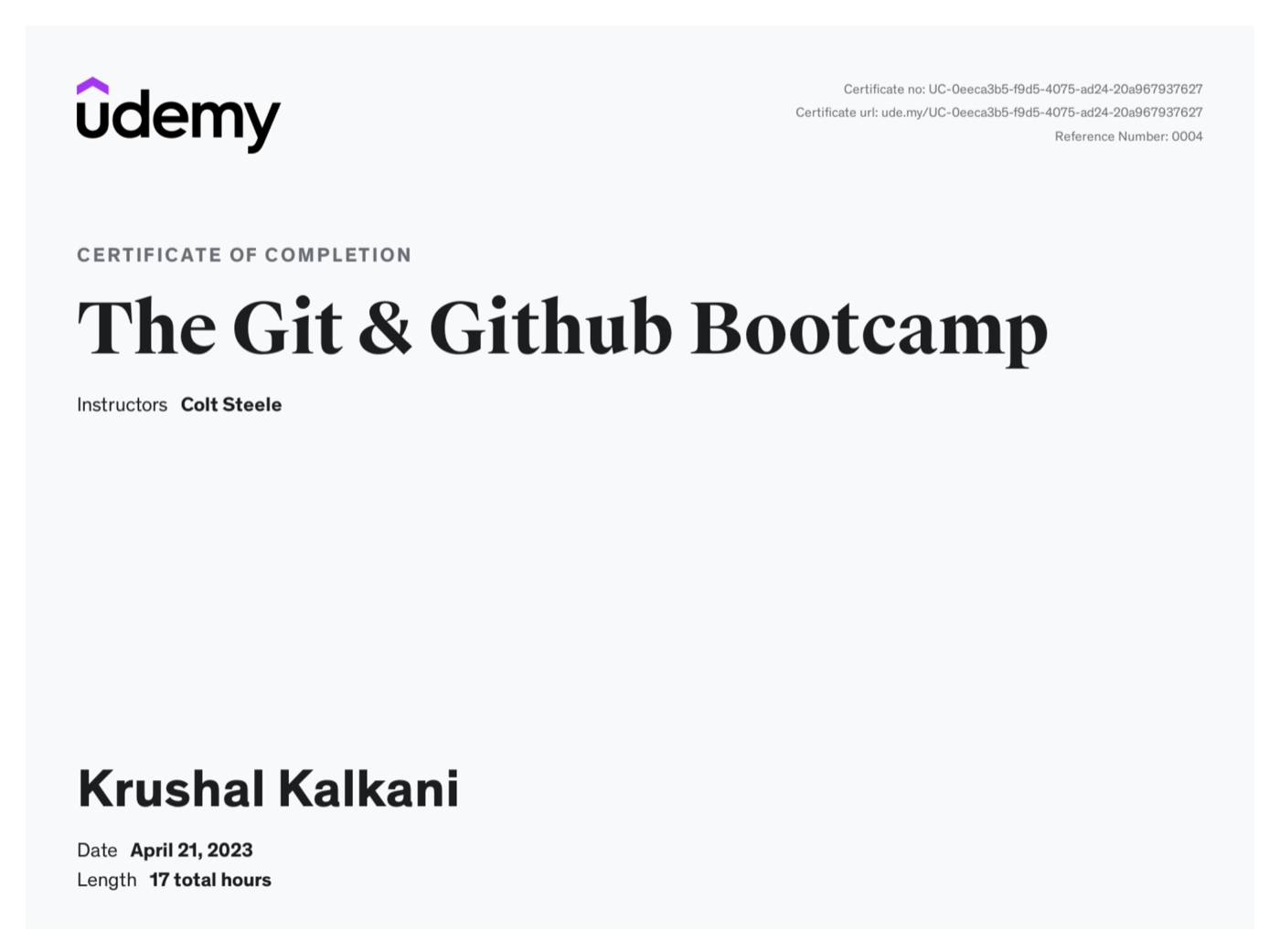 Udemy certificate of completion, Git and GitHub Bootcamp