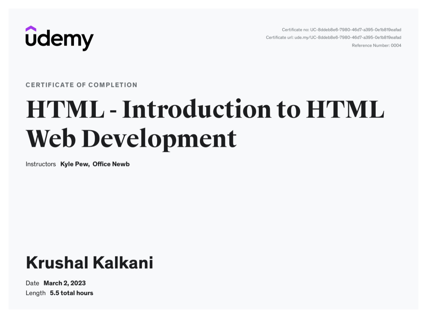Udemy certificate of completion, HTML Introduction