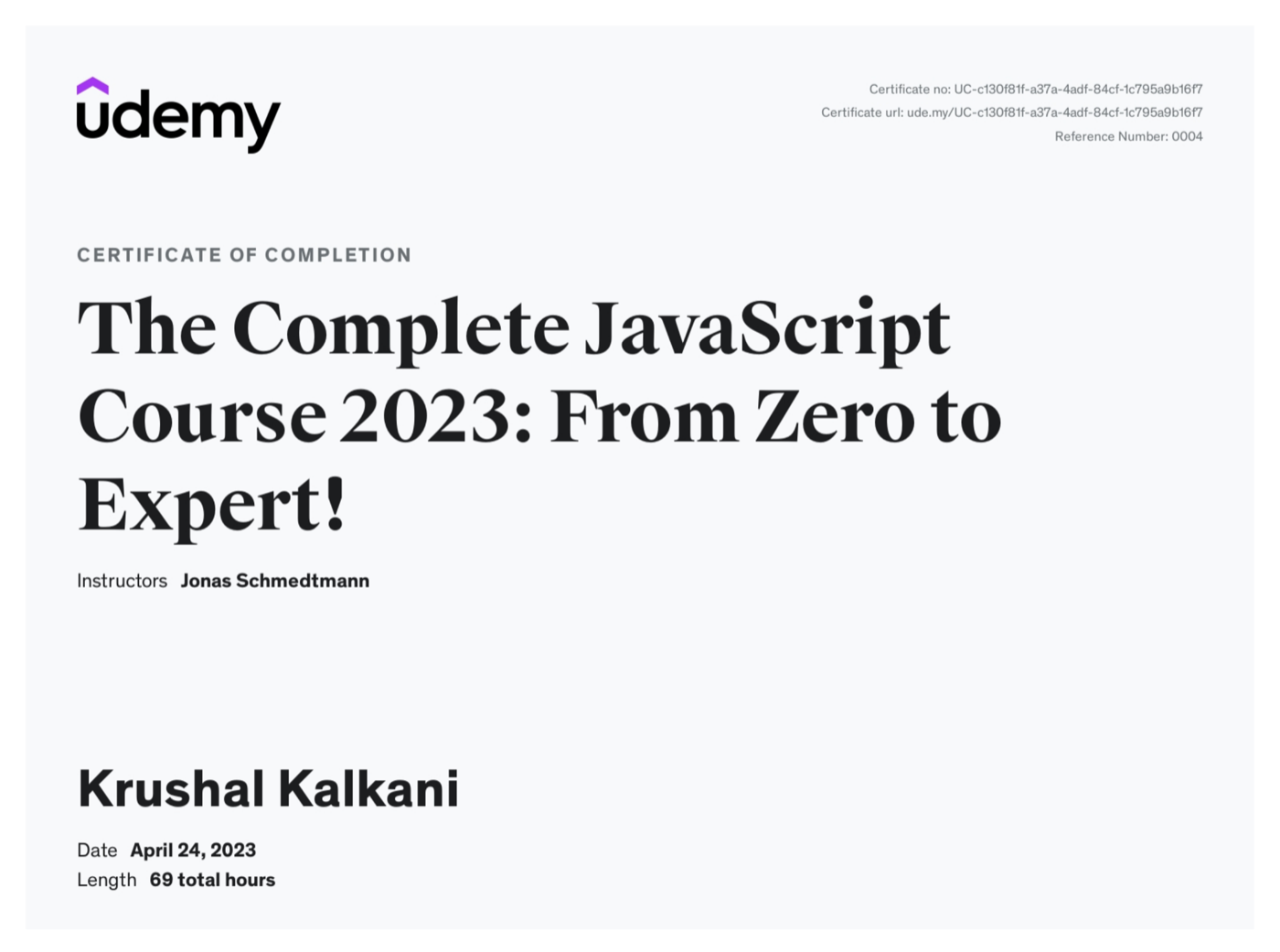 Udemy certificate of completion, The Complete JavaScript Course