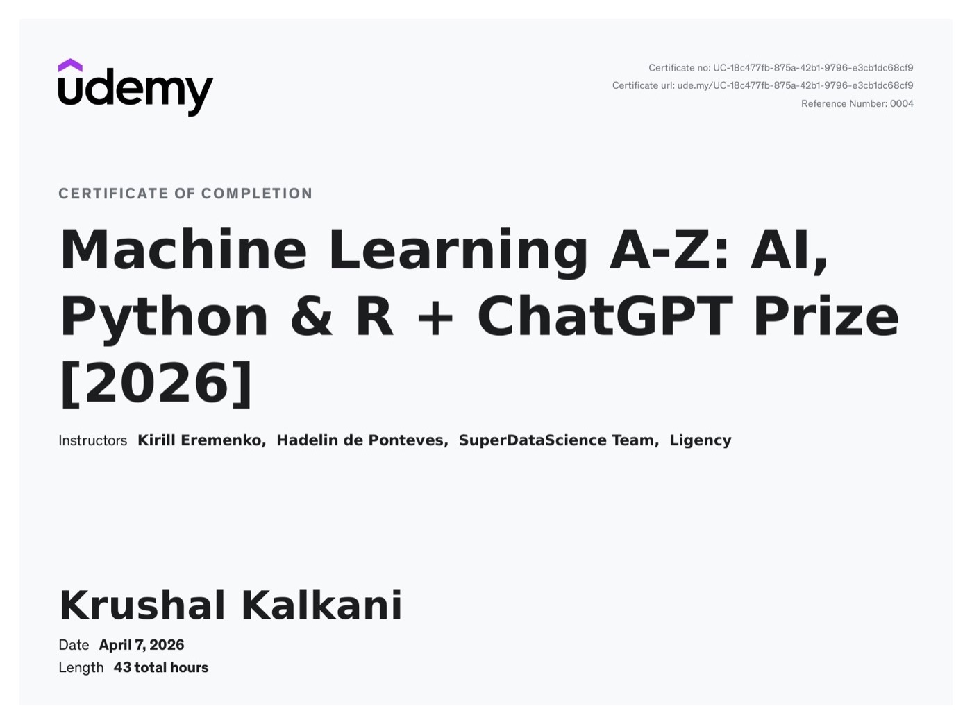 Udemy certificate of completion, Machine Learning A-Z