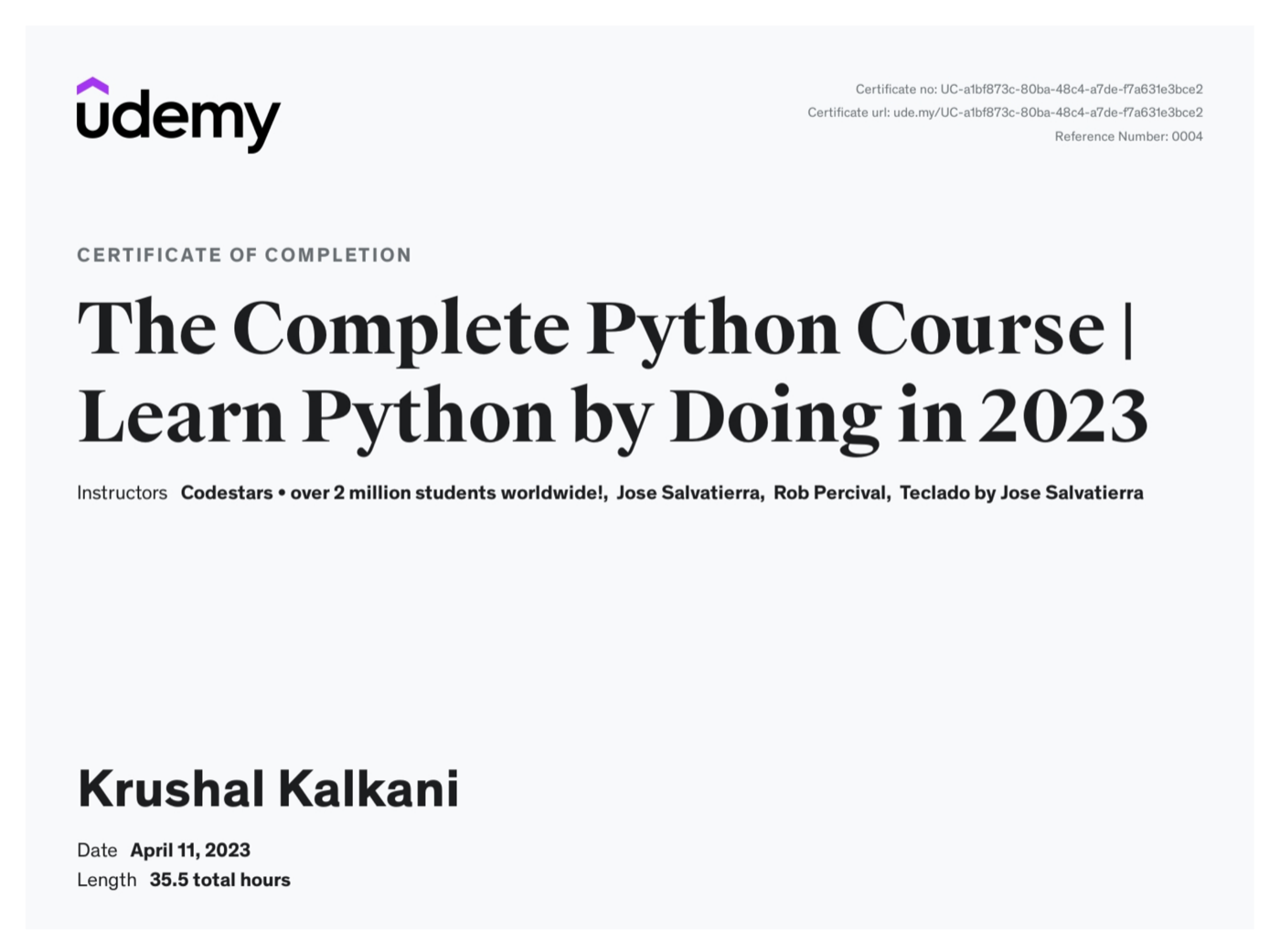 Udemy certificate of completion, The Complete Python Course