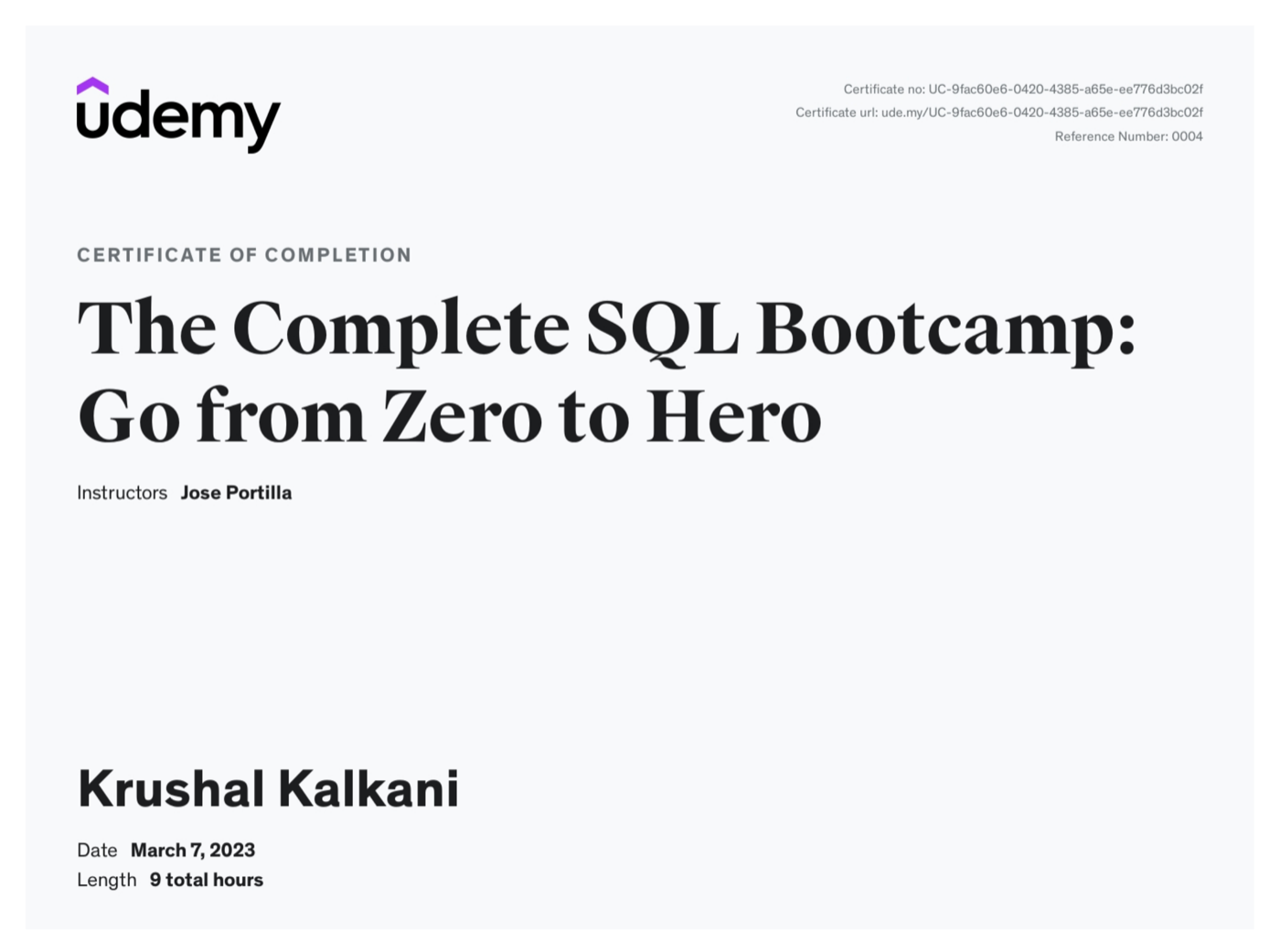 Udemy certificate of completion, The Complete SQL Bootcamp