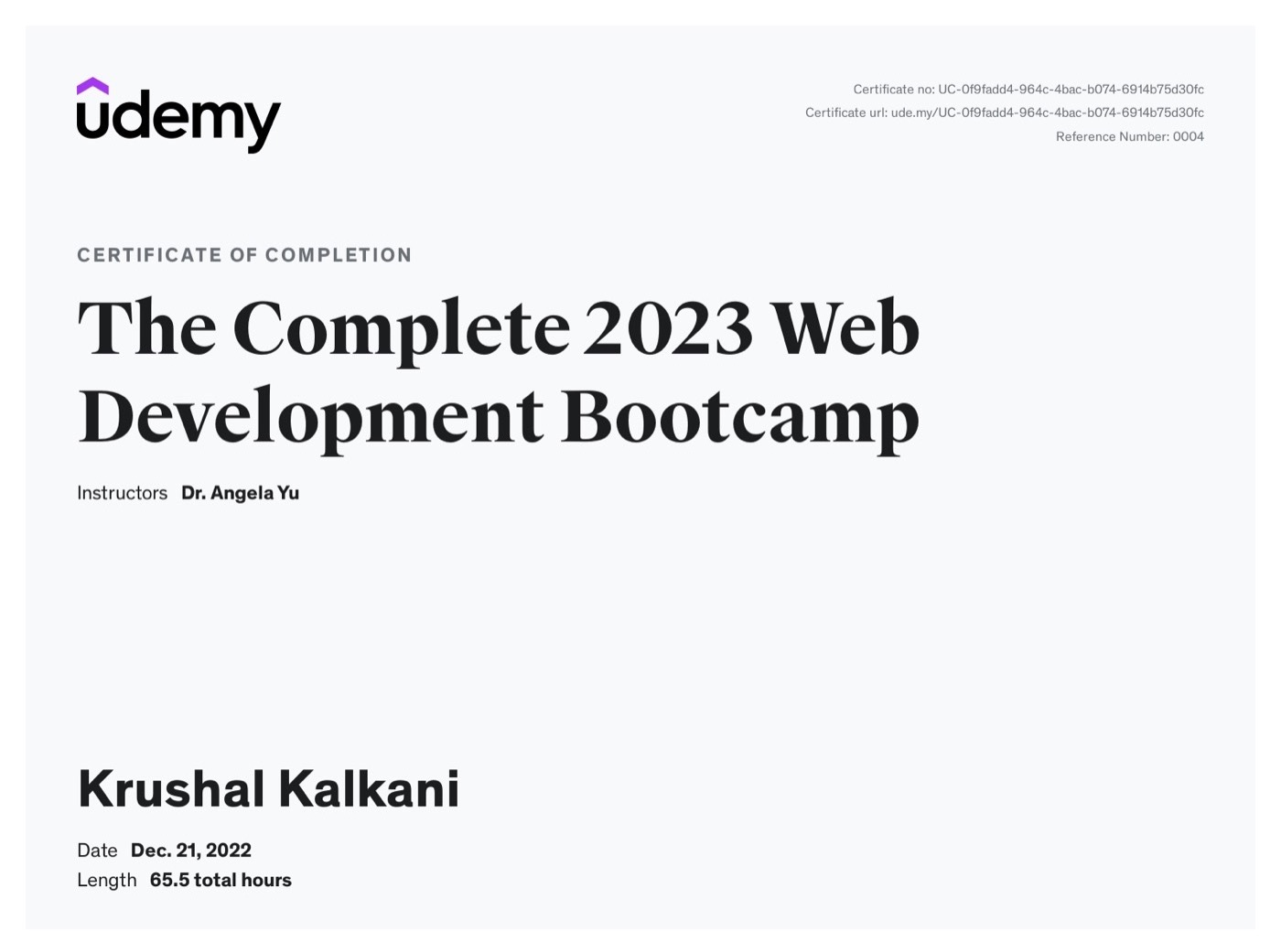 Udemy certificate of completion, The Complete Web Development Bootcamp